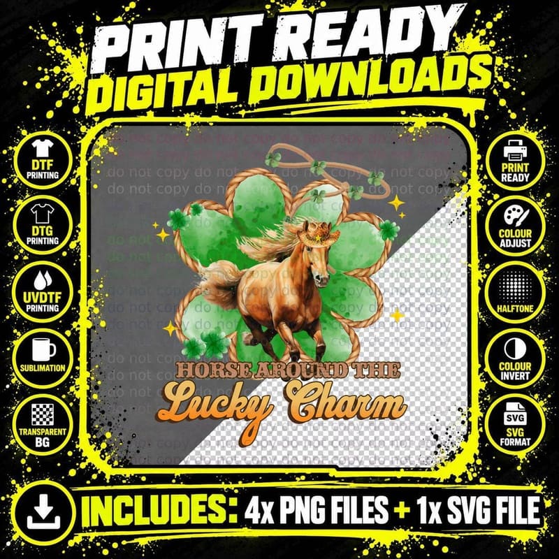 Horse Around the Lucky Charm St Patricks Day T-Shirt Png SVG Digital Bundle