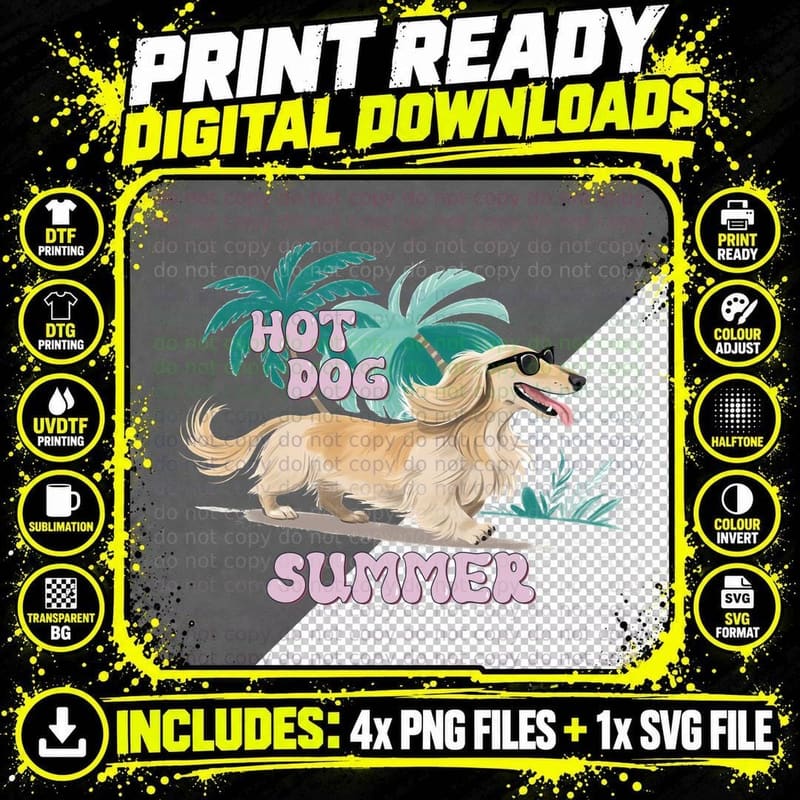 Hot Dog Summer T-Shirt, Dachshund Sunglasses Palm Trees Png SVG Digital Bundle