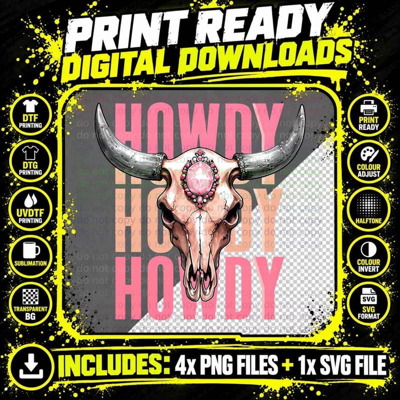 Howdy Western T-Shirt, Cow Skull Adorned with Pink Png SVG Digital Bundle