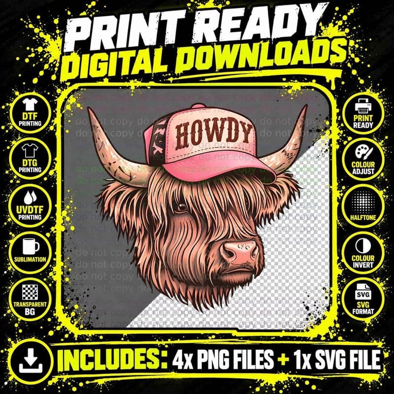 Howdy Western T-Shirt, Highland Cow Wearing Cap Graphic Png SVG Digital Bundle