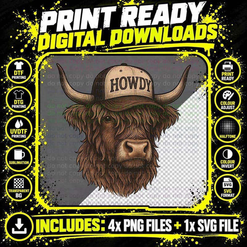 Howdy Western T-Shirt, Highland Cow Wearing Hat Graphic Png SVG Digital Bundle