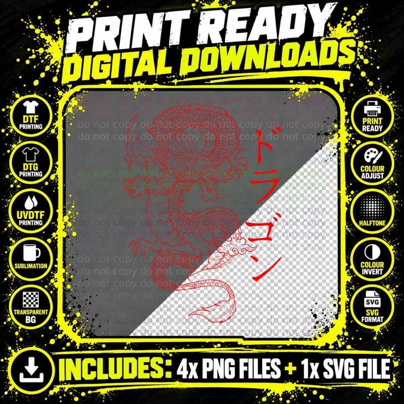 Japanese Dragon - Japanese Kanji Calligraphy Fierce Png SVG Digital Bundle
