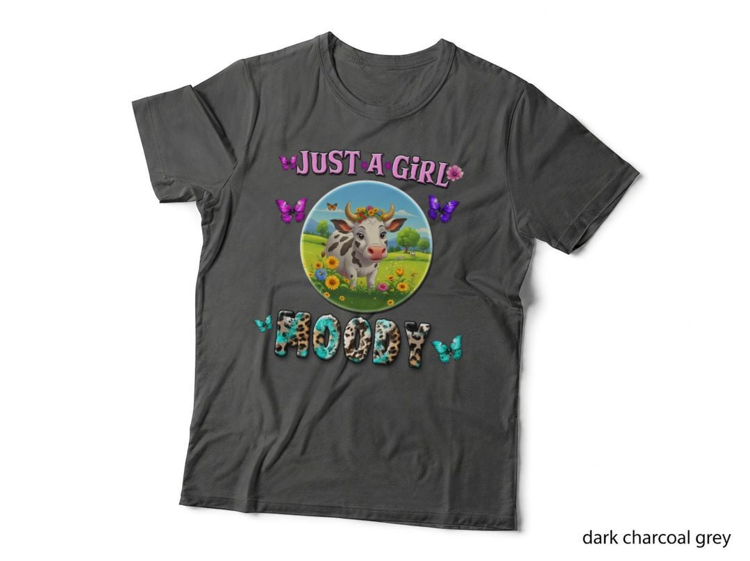 Just a Girl Moody Highland Cow T-Shirt, Cow in Field with Butterflies Graphic