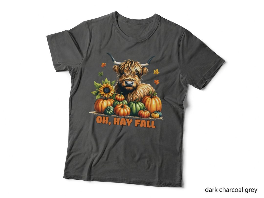 Oh Hay Fall Highland Cow T-Shirt, Highland Cow Surrounded by Pumpkins Graphic