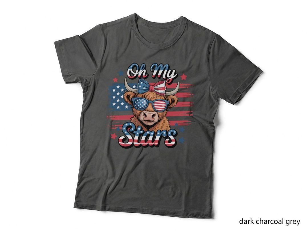 Oh My Stars Highland Cow T-Shirt, Patriotic Highland Cow with Graphic Tee