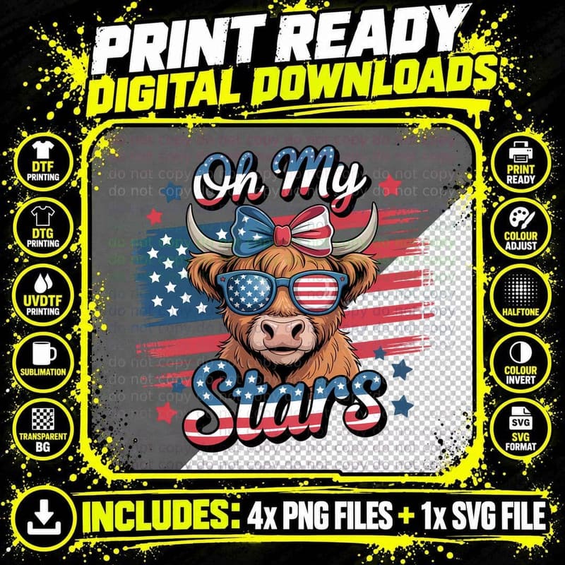 Oh My Stars Highland Cow T-Shirt, Patriotic Highland Cow Png SVG Digital Bundle