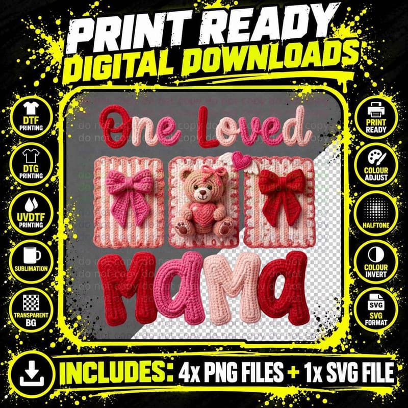 One Loved Mama Crochet T-Shirt, Crocheted Bear with Bows Png SVG Digital Bundle