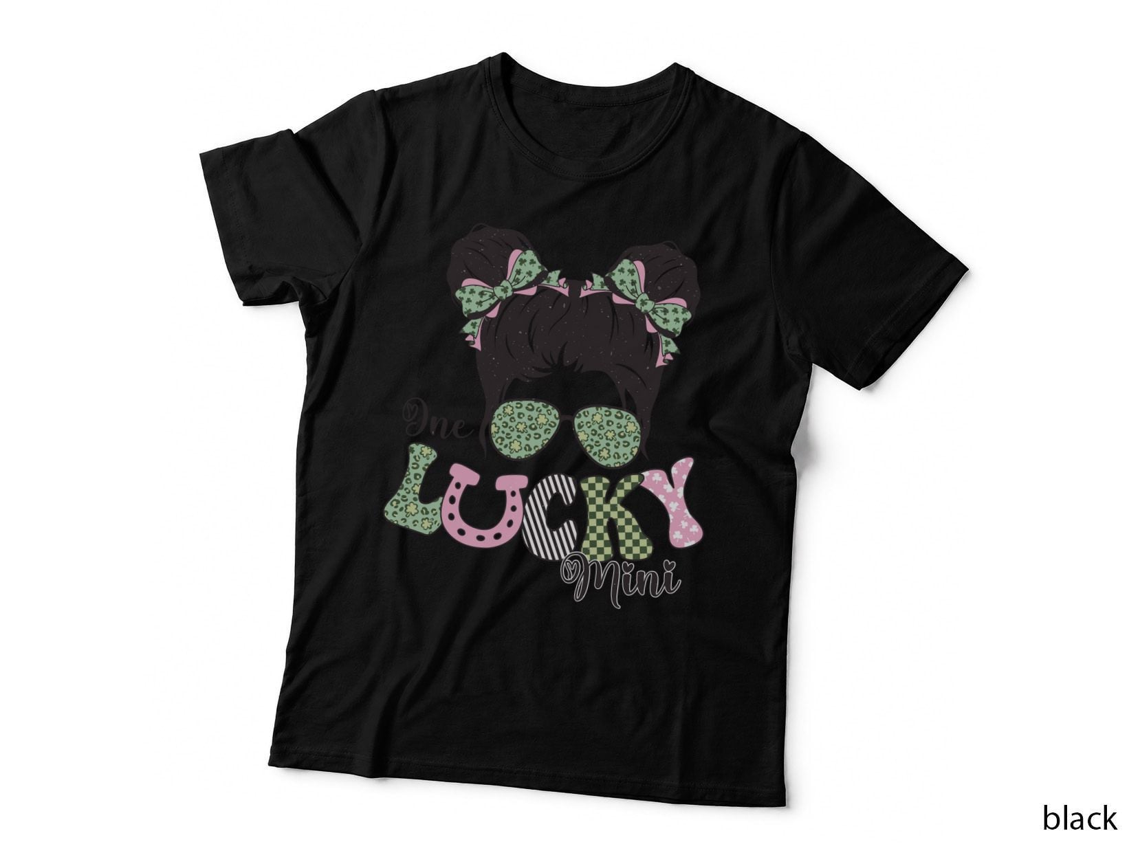 One Lucky Mini St Patricks Day T-Shirt, Black Dog with Bows and Sunglasses