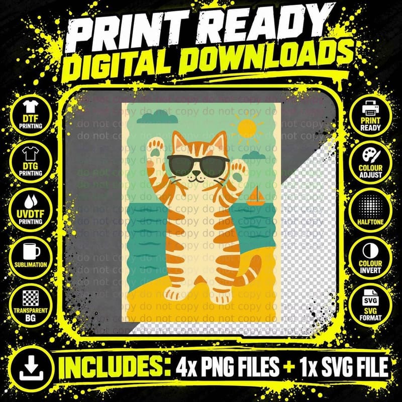 Orange Cat Beach Sunglasses Waves Summer T-Shirt Png SVG Digital Bundle