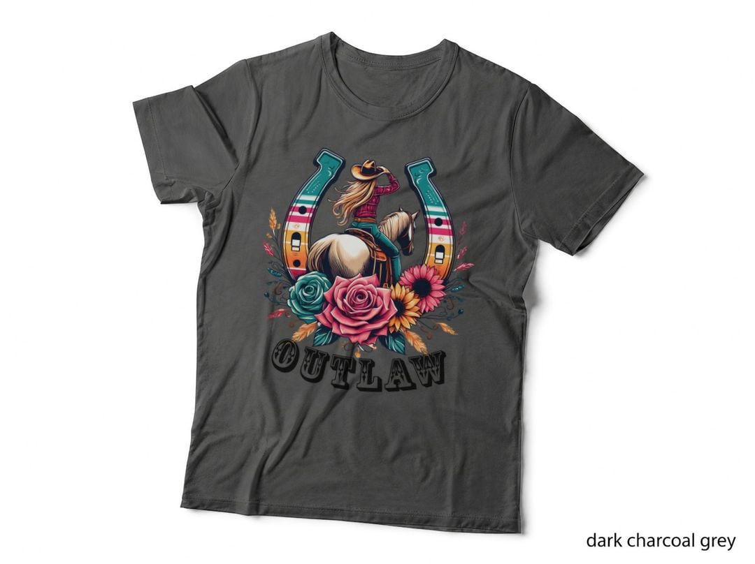 Outlaw Western T-Shirt, Cowgirl Riding Horse with Flowers Graphic Tee