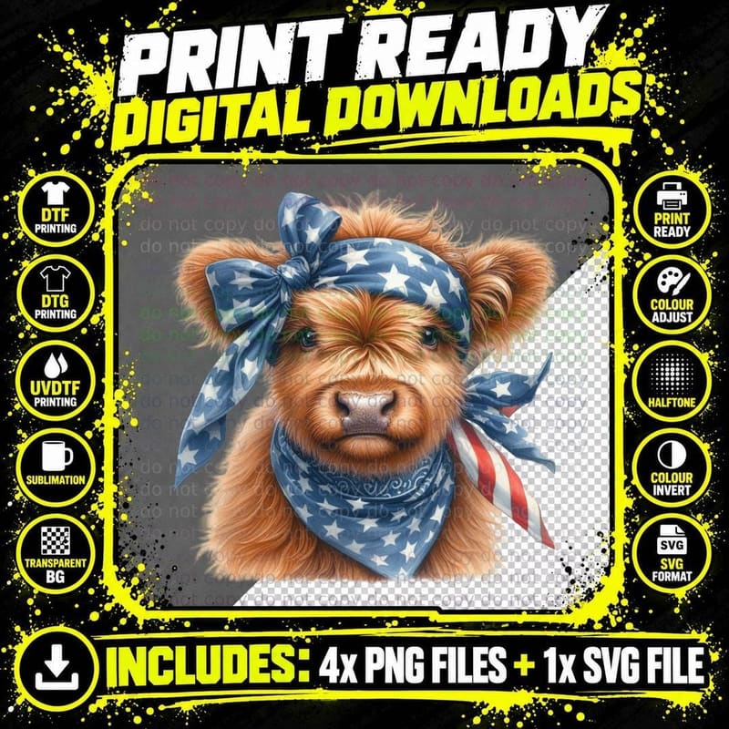 Patriotic Cow Bandana Highland Cow T-Shirt Png SVG Digital Bundle
