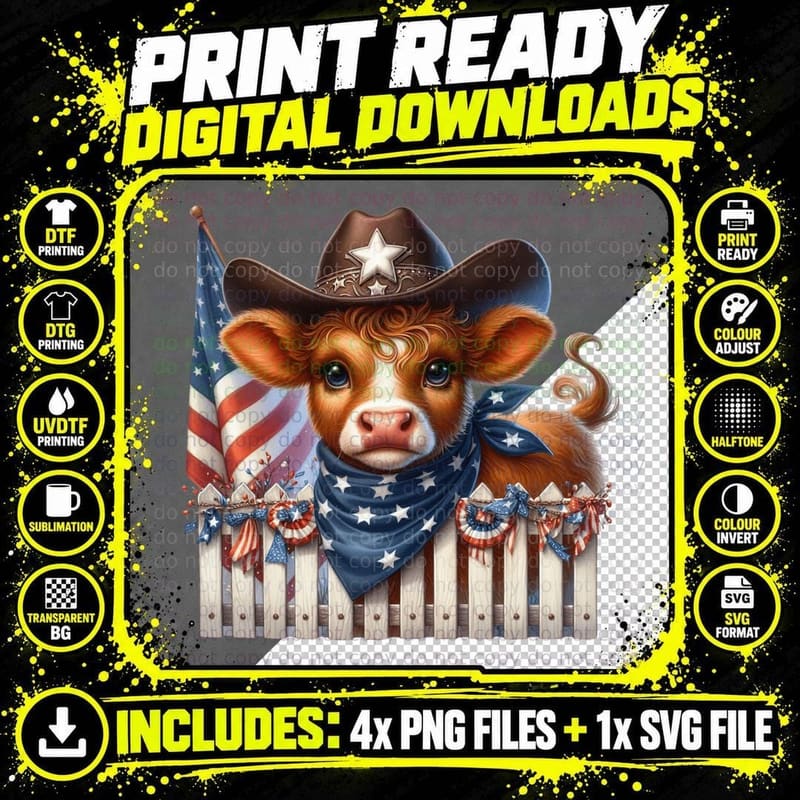 Patriotic Cow with Flag Bandana Highland Cow T-Shirt Png SVG Digital Bundle
