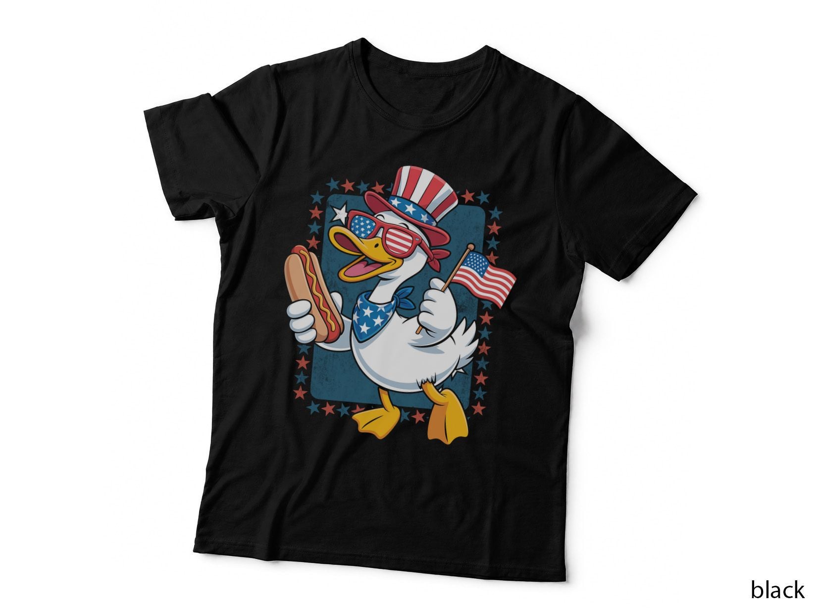 Patriotic Duck Holding Hot Dog and Flag Funny Goose T-Shirt