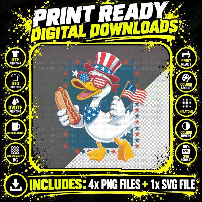 Patriotic Duck Holding Hot Dog and Flag Funny Goose Png SVG Digital Bundle