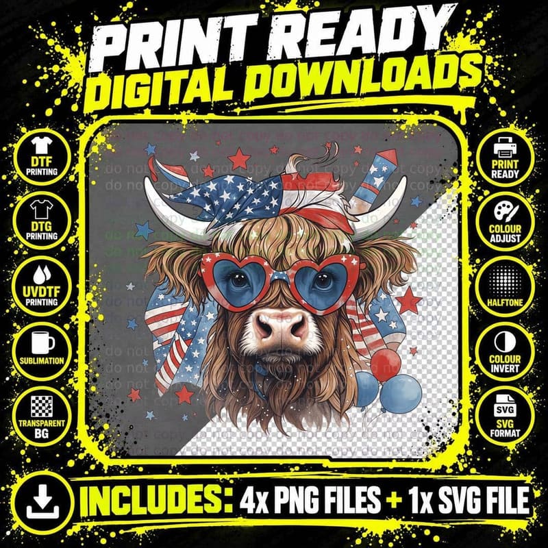 Patriotic Highland Cow Celebration Highland Cow T-Shirt Png SVG Digital Bundle