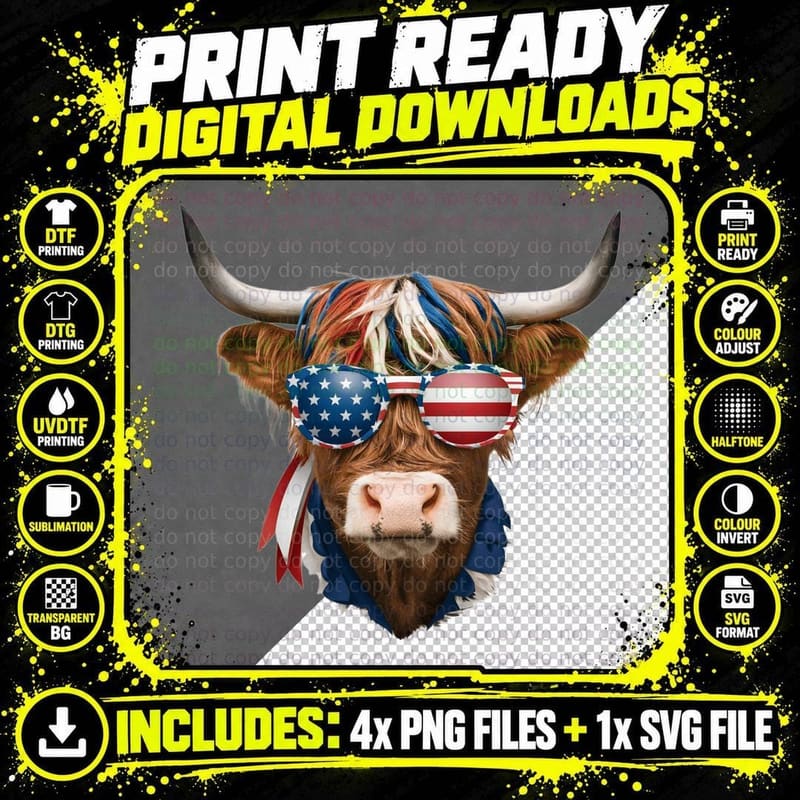 Patriotic Highland Cow Wearing Sunglasses Highland Cow Png SVG Digital Bundle