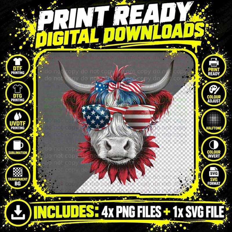 Patriotic Highland Cow with Sunglasses Highland Cow Png SVG Digital Bundle