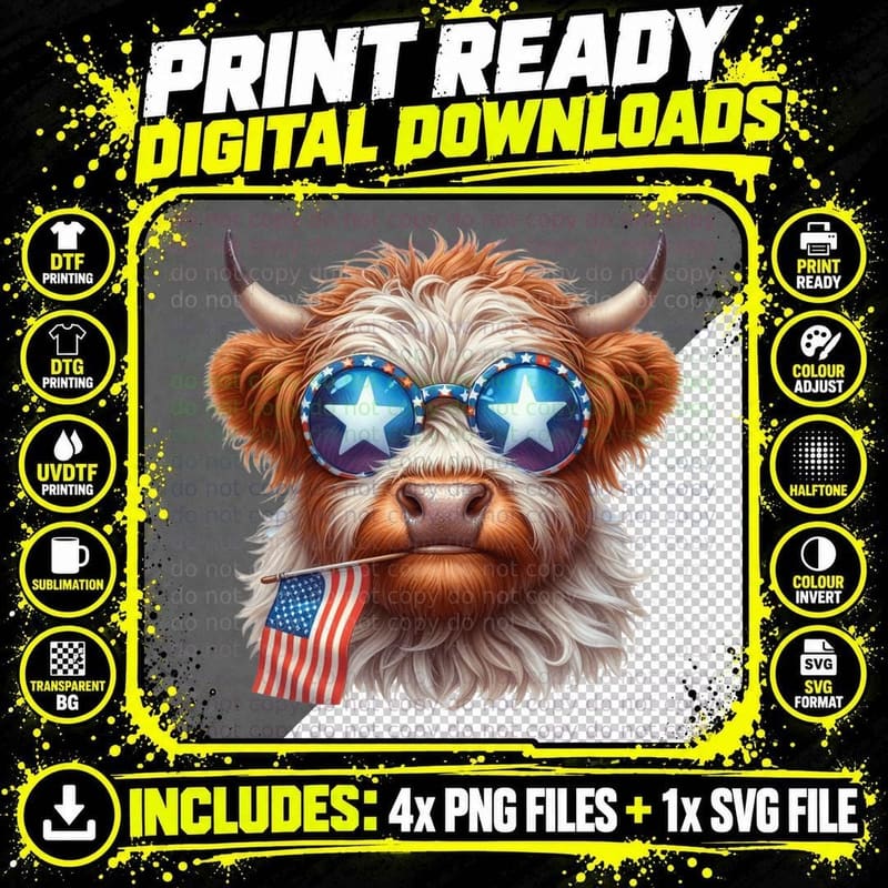 Patriotic Highland Cow with Sunglasses Highland Cow Png SVG Digital Bundle