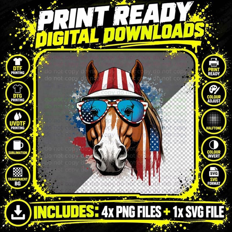 Patriotic Horse with Sunglasses Horse T-Shirt Png SVG Digital Bundle