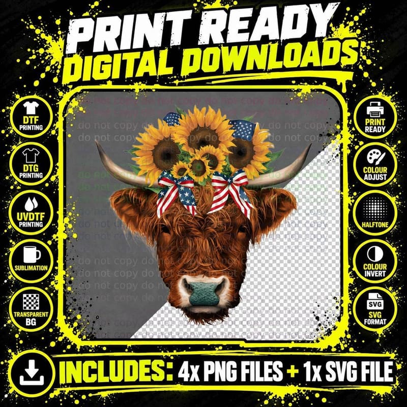 Patriotic Sunflower Cow Head Highland Cow T-Shirt Png SVG Digital Bundle