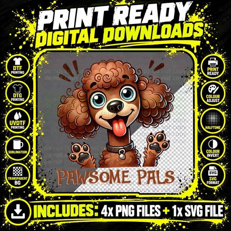 Pawsome Pals Funny Dog T-Shirt, Happy Poodle with Tongue Png SVG Digital Bundle