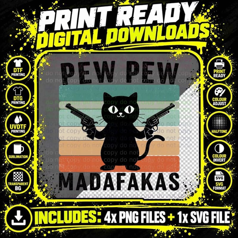Pew Madafakas Funny Cat T-Shirt, Black Cat Holding Guns Png SVG Digital Bundle