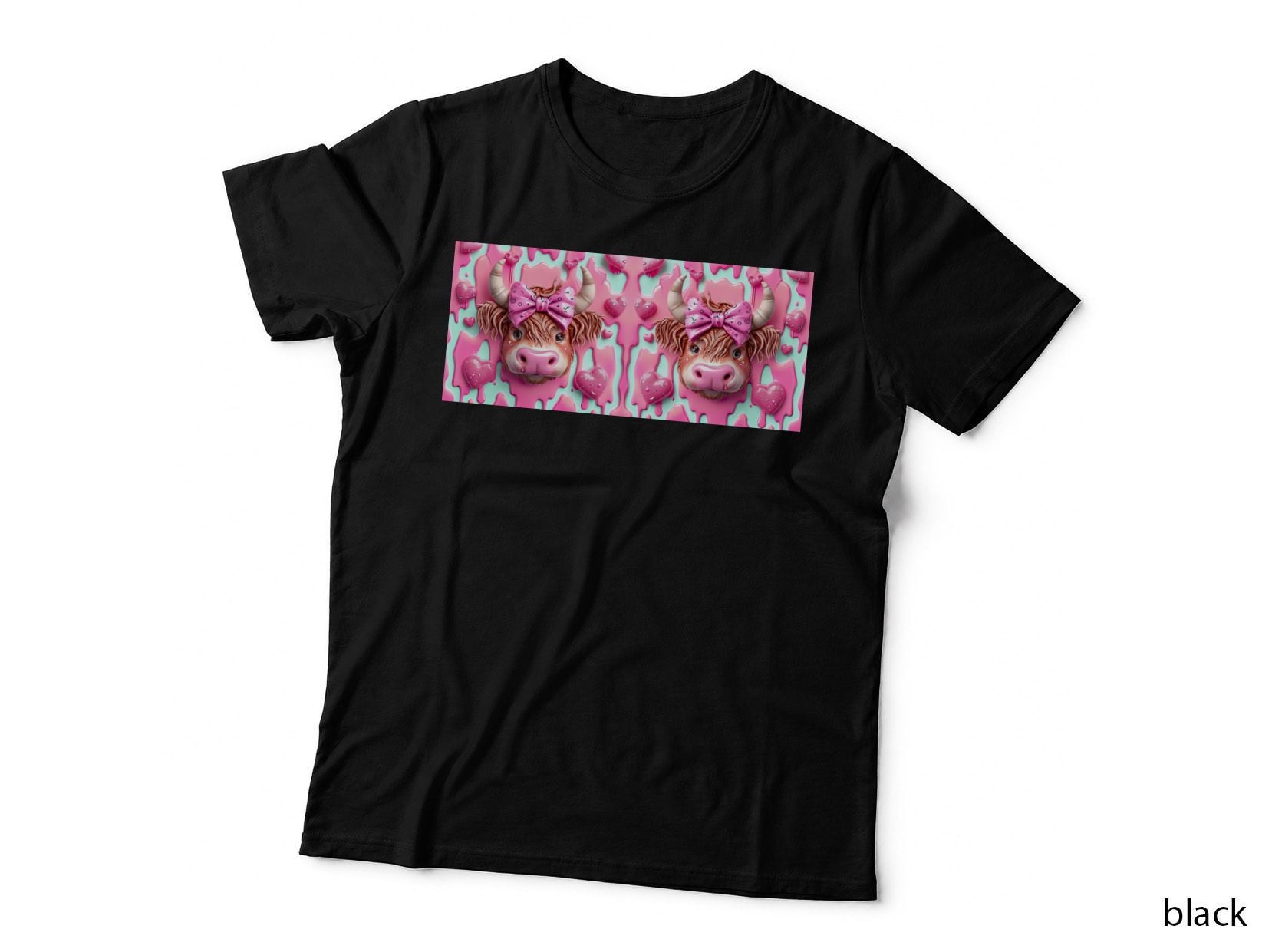 Pink Cow Hearts Background Highland Cow T-Shirt, Highland Cow Graphic Tee