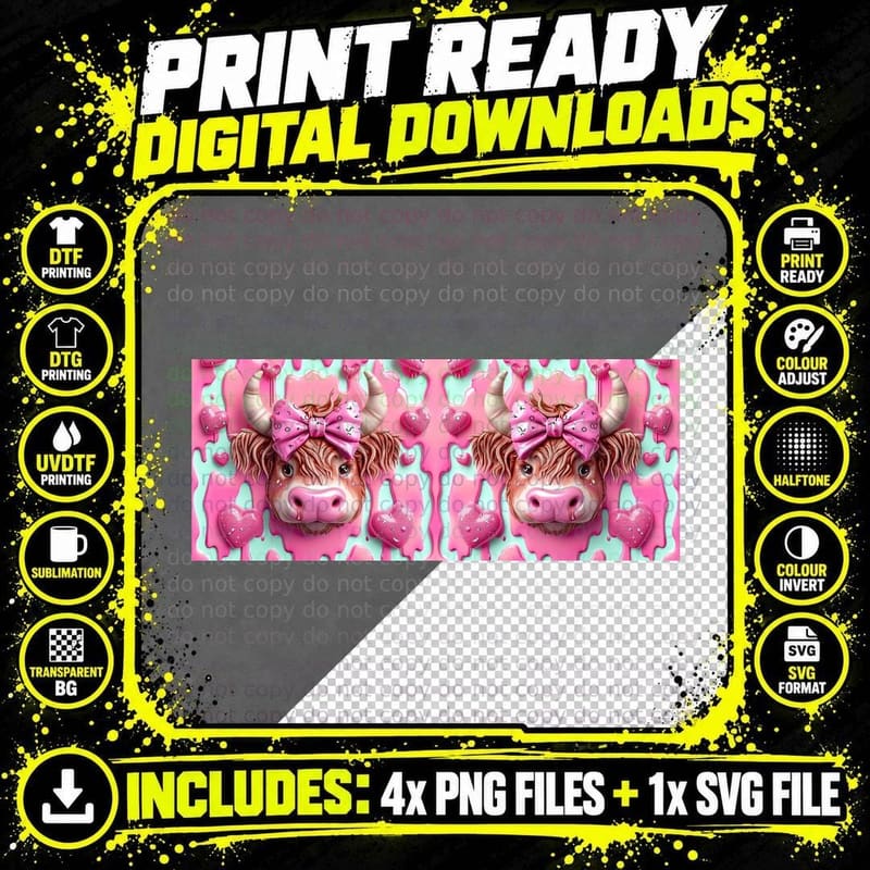Pink Highland Cow Hearts Highland Cow T-Shirt Png SVG Digital Bundle