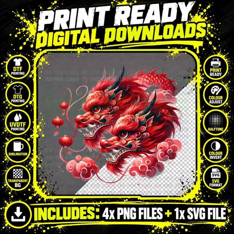 Red Dragon Amidst Clouds and Lanterns Lunar New Year Png SVG Digital Bundle