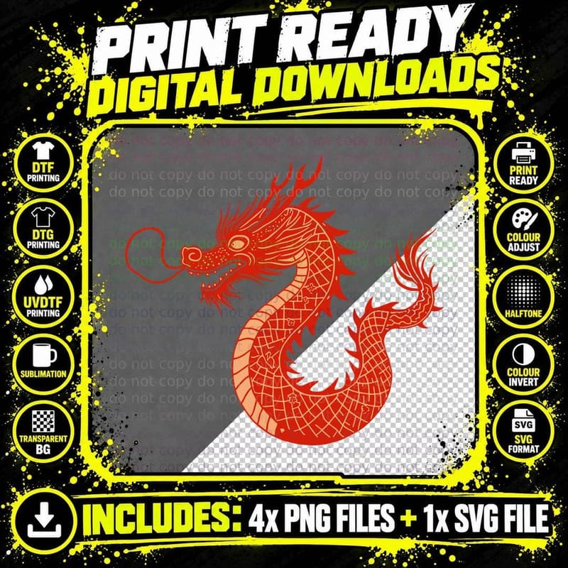 Red Dragon Silhouette Lunar New Year T-Shirt Png SVG Digital Bundle