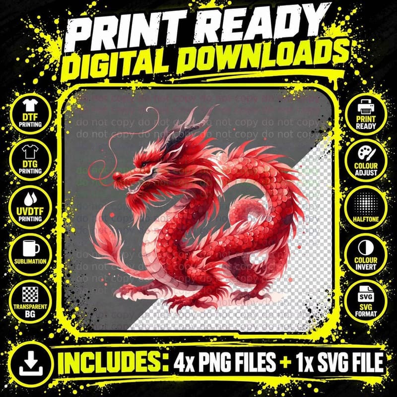 Red Dragon in Motion Lunar New Year T-Shirt Png SVG Digital Bundle