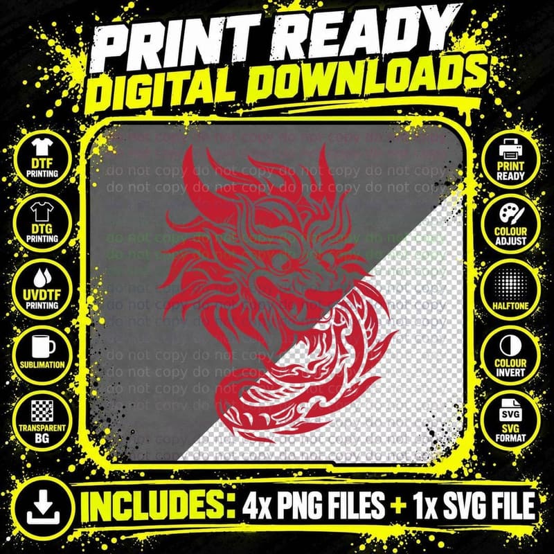 Red Dragon on Gray Background Lunar New Year T-Shirt Png SVG Digital Bundle