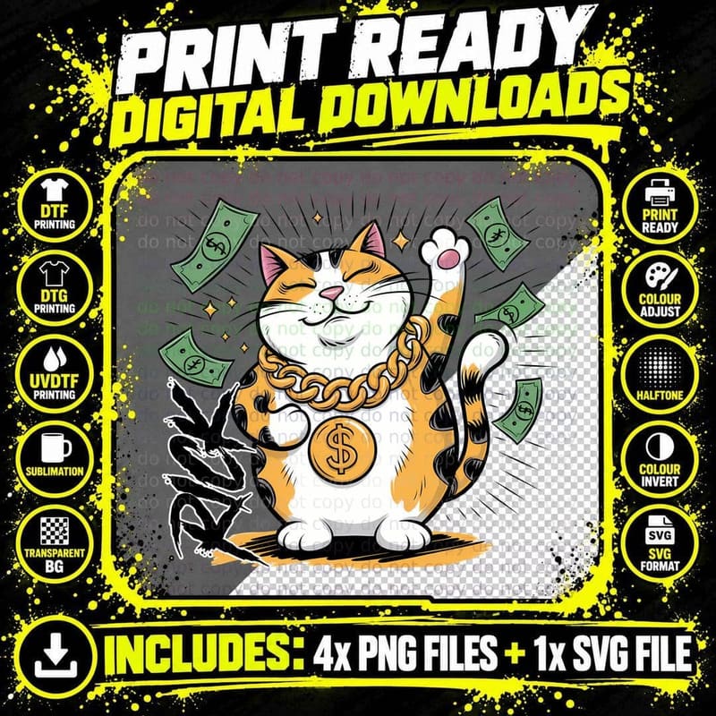 Rick Funny Cat T-Shirt, Rich Cat Wearing Gold Chain Png SVG Digital Bundle