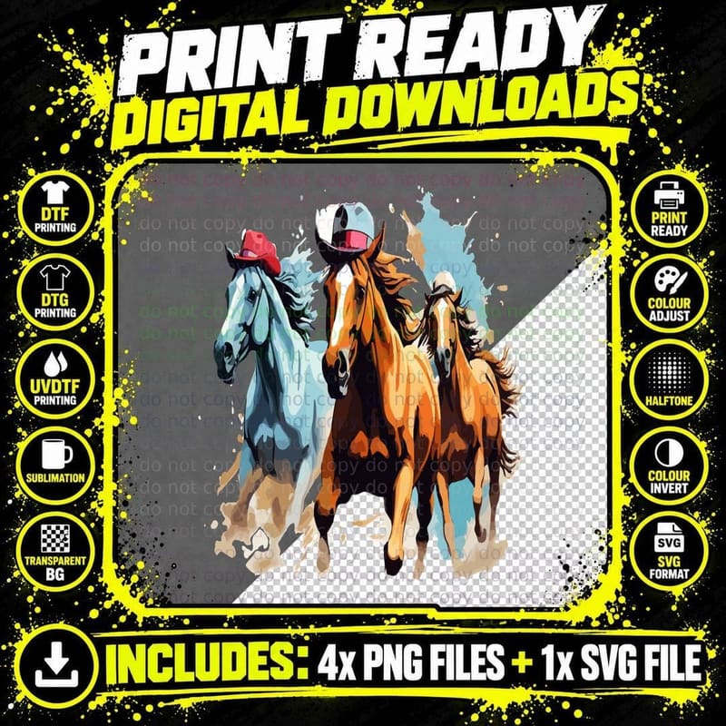 Running Horses with Hats Horse T-Shirt Png SVG Digital Bundle