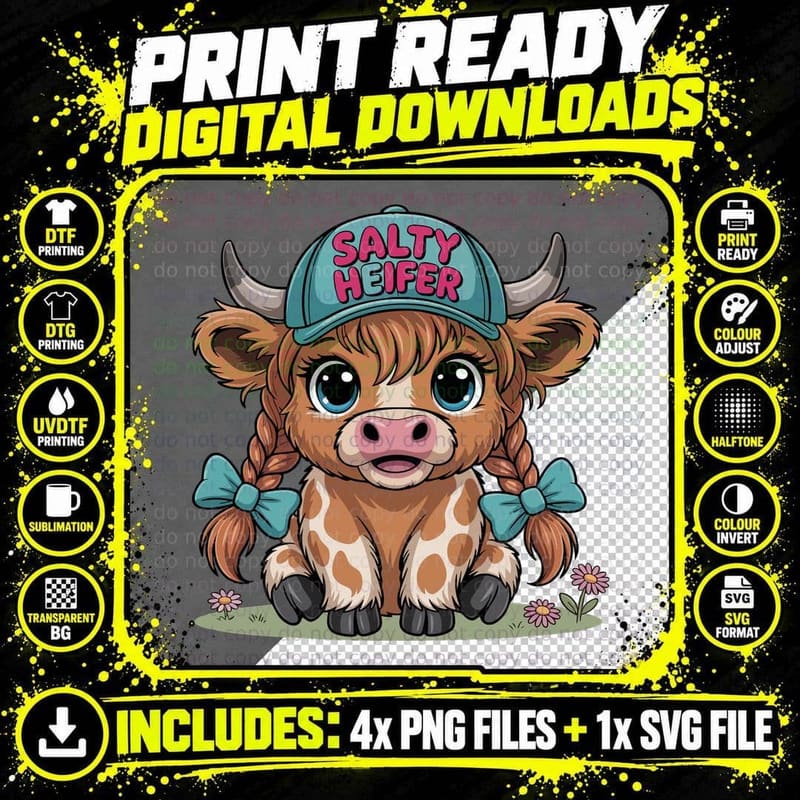Salty Heifer Highland Cow T-Shirt, Cute Cartoon Cow with Png SVG Digital Bundle