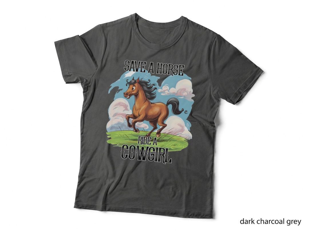 Save a Horse Ride a Cowgirl Horse T-Shirt, Cartoon Horse Running on Grassy Hill