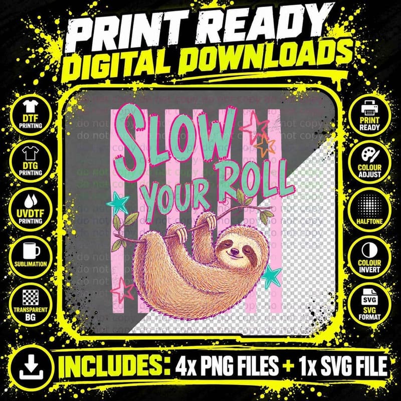 Slow Your Roll Summer T-Shirt, Sloth Hanging Tree Vibes Png SVG Digital Bundle