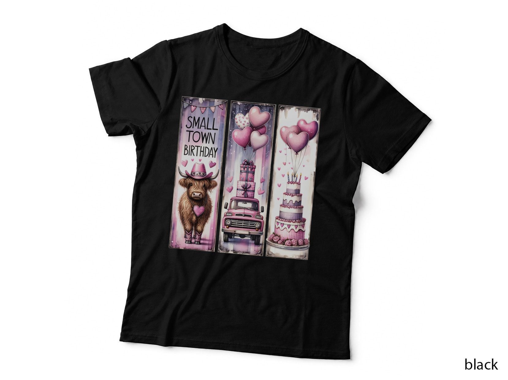 Small Town Birthday Highland Cow T-Shirt, Pink Highland Cow Birthday Scene