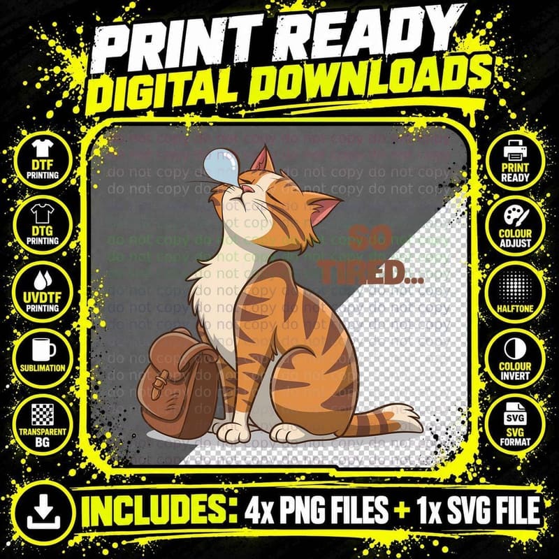 So Tired... Funny Cat T-Shirt, Tired Cat with Backpack Png SVG Digital Bundle