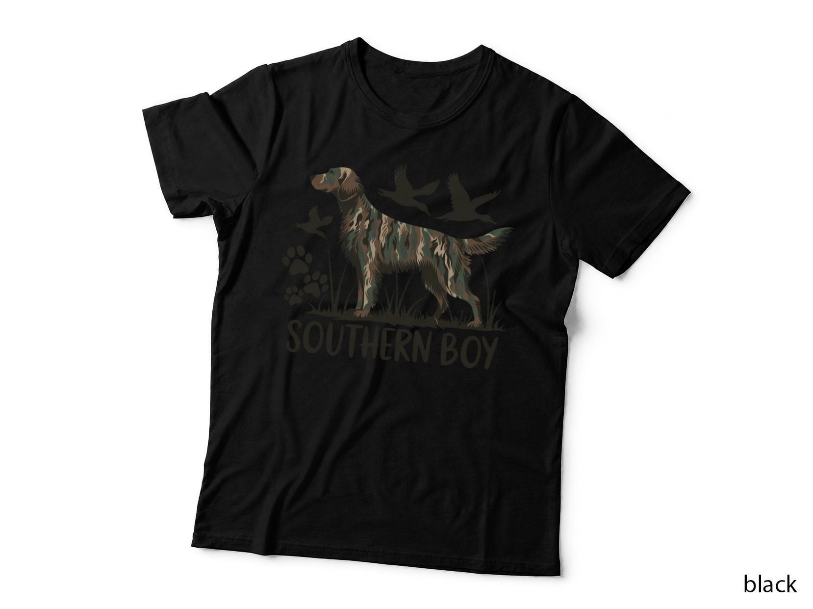 Southern Boy Hunting T-Shirt, Camo Dog with Ducks Flying Graphic Tee