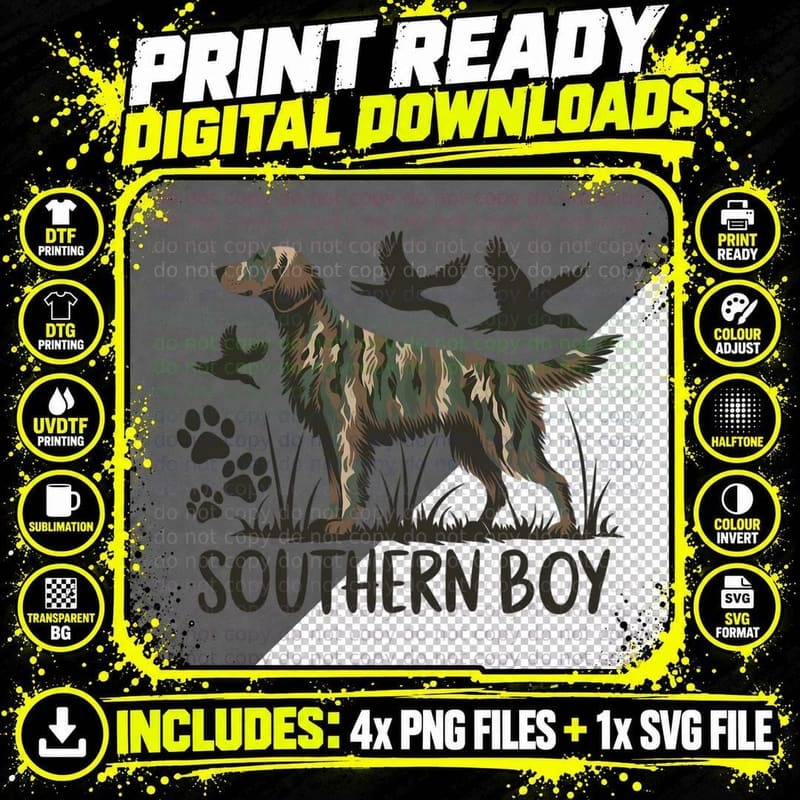 Southern Boy Hunting T-Shirt, Camo Dog with Ducks Flying Png SVG Digital Bundle