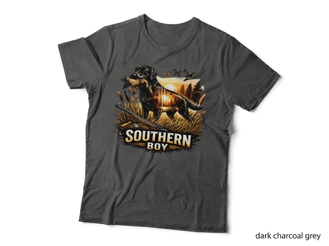 Southern Boy Hunting T-Shirt, Hunting Dog Carrying Duck at Sunset Graphic Tee