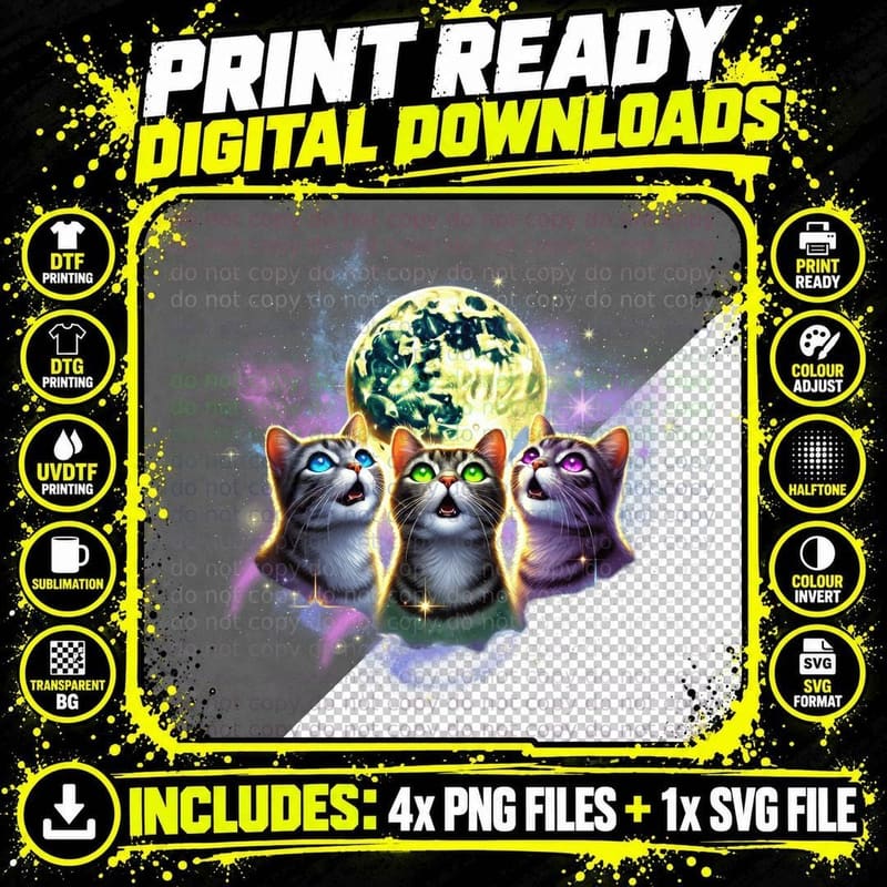 Space Cats Glowing Moon Funny Cat T-Shirt Png SVG Digital Bundle
