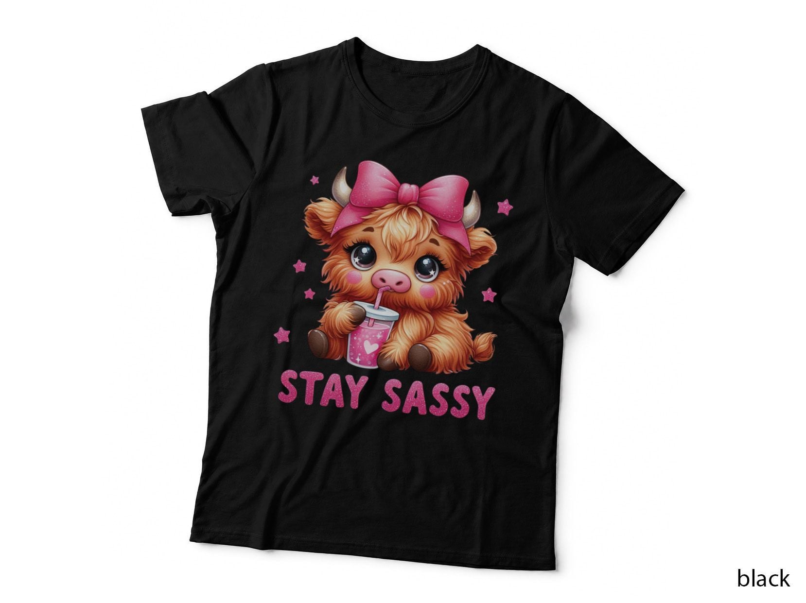 Stay Sassy Highland Cow T-Shirt, Adorable Cartoon Cow Drinking Graphic Tee