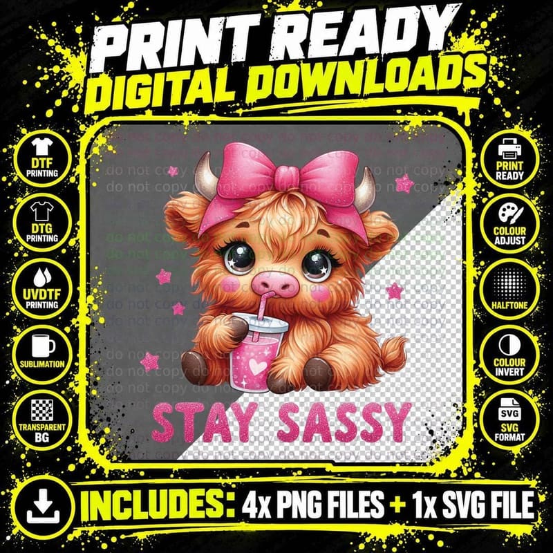 Stay Sassy Highland Cow T-Shirt, Adorable Cartoon Cow Png SVG Digital Bundle
