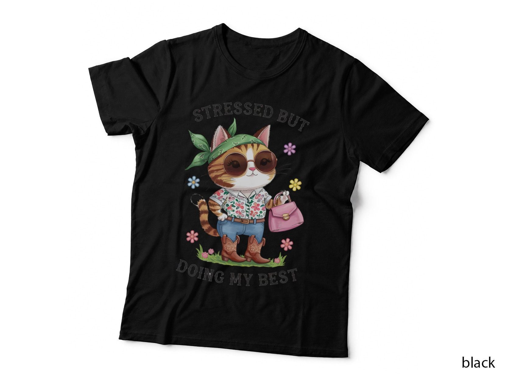 Stressed but Doing My Best Funny Cat T-Shirt, Cat Wearing Sunglasses and Cowboy