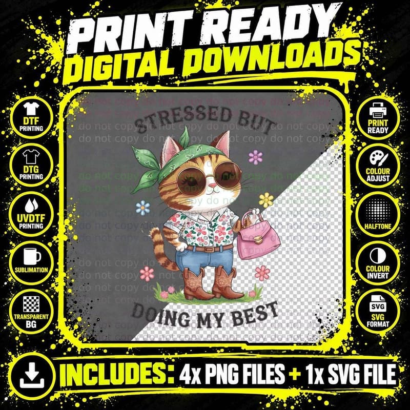 Stressed but Doing My Best Funny Cat T-Shirt Png SVG Digital Bundle