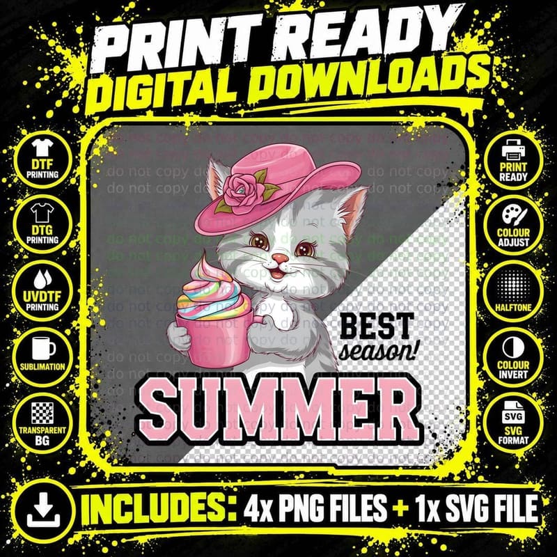 Summer Best Season! Funny Cat T-Shirt Png SVG Digital Bundle