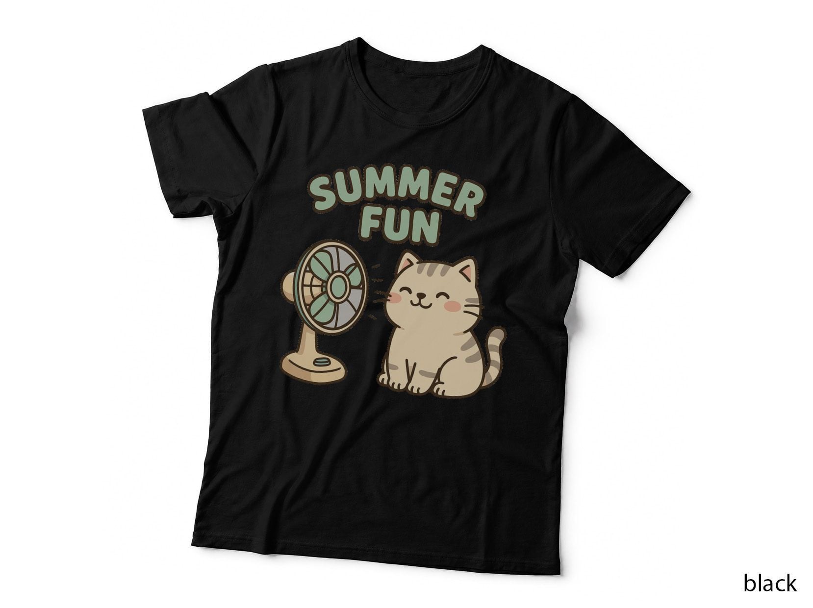 Summer Fun Funny Cat T-Shirt, Cat Cooling off with Fan Graphic Tee