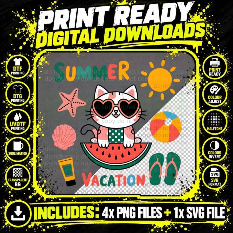 Summer Vacation Funny Cat T-Shirt, Summer Vacation Cat Png SVG Digital Bundle